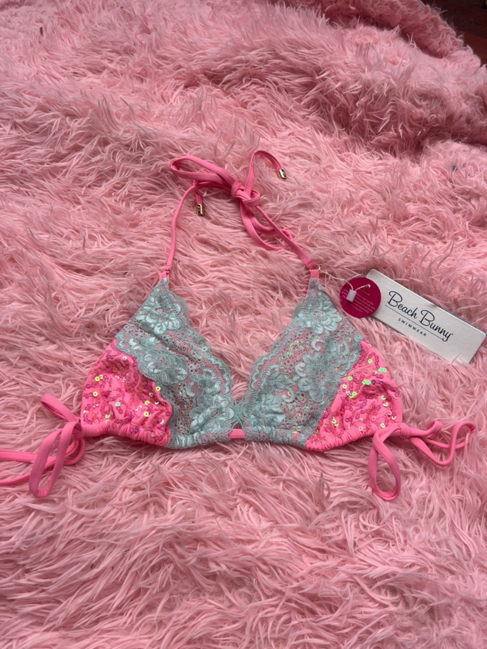 Beach Bunny Pink & Mint Lace Sequin Triangle Bikini Top